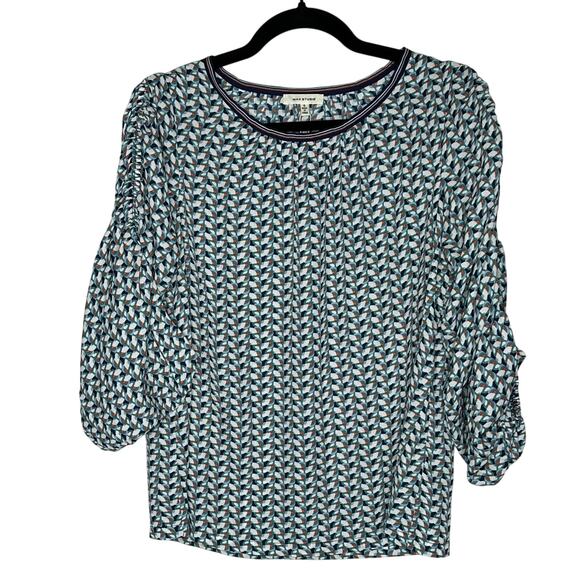 Max Studio Ruched Sleeve Chiffon Blouse Geometric Print Navy Ivory Size S - Picture 1 of 10